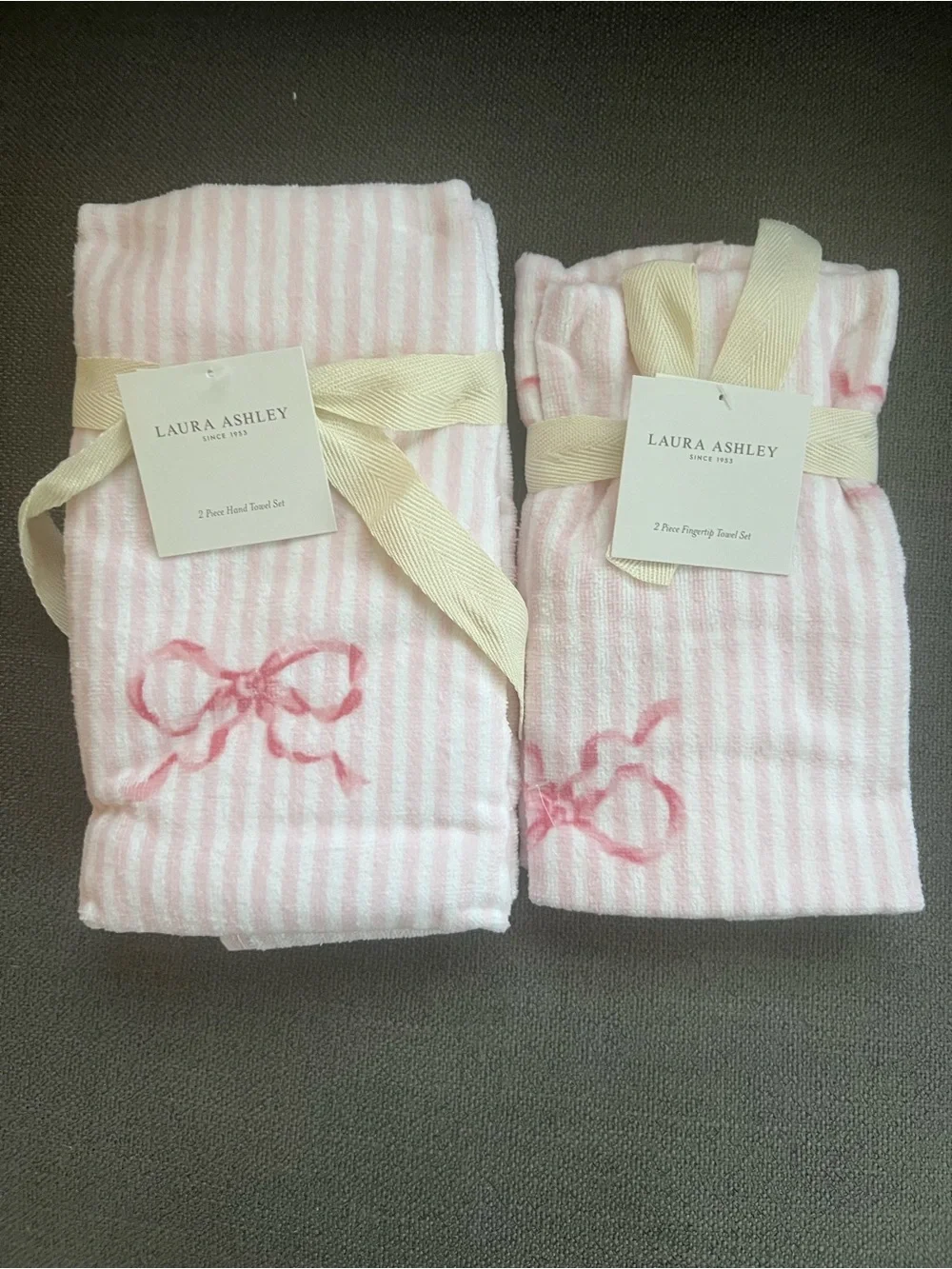 Laura Ashley Pink Bows Stripe Bath Towel Set bath, hand and finger towels - NEW